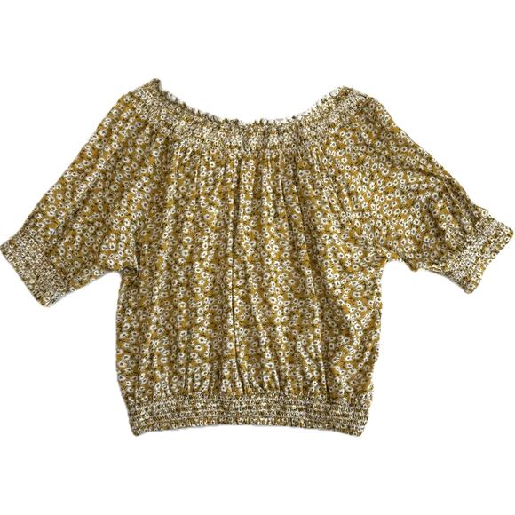 LUCKY BRAND Short Sleeve Tie Front Peasant Top Women's Sz S Yellow Ditsy Floral - Picture 3 of 15